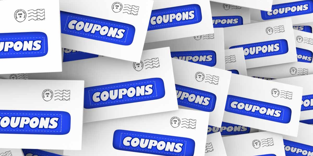 Envelopes printed with the word 'coupon' in a blue bubble.